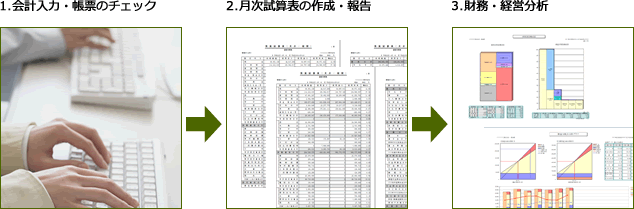 1.会計入力・帳票のチェック　2.月次試算表の作成・報告　3.財務・経営分析